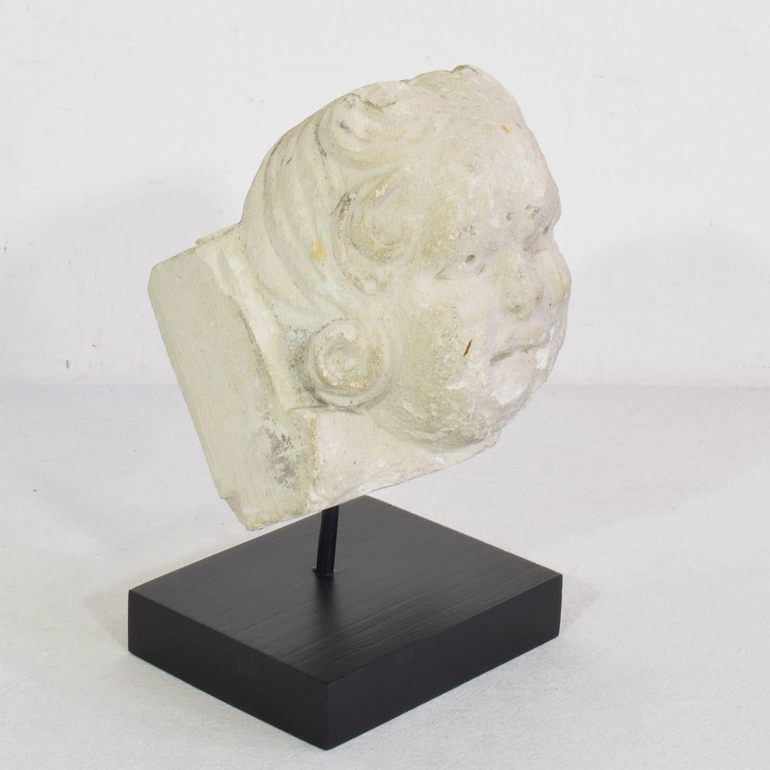Baroque French, 17th / 18th Century Carved Stone Angel Head Ornament For Sale