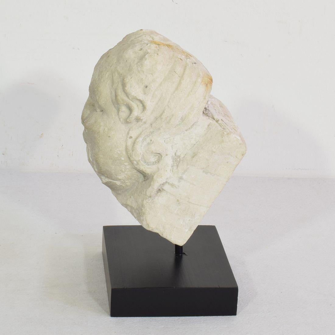 18th Century and Earlier French, 17th / 18th Century Carved Stone Angel Head Ornament For Sale