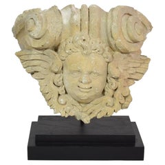French, 17th / 18th Century Carved Stone Winged Angel Head Ornament