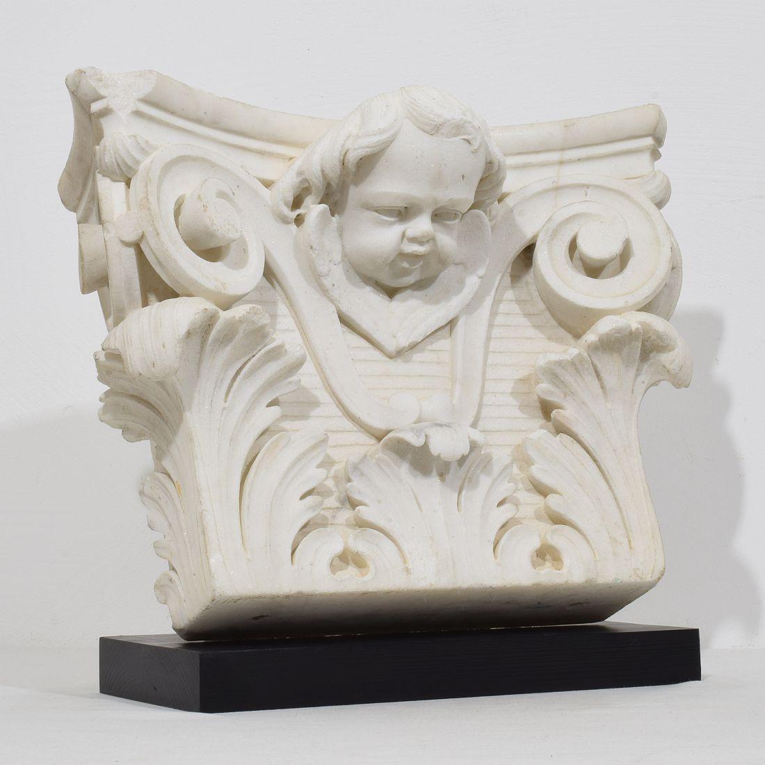 Hand-Carved French, 17th / 18th Century, Carved White Marble Capital With Angel Head For Sale