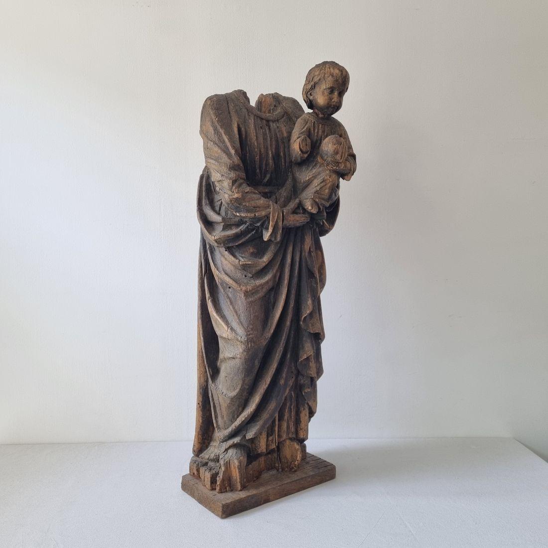 Hand-Carved French 17th-18th Century Large Wooden Fragment of a Baroque Madonna with Child