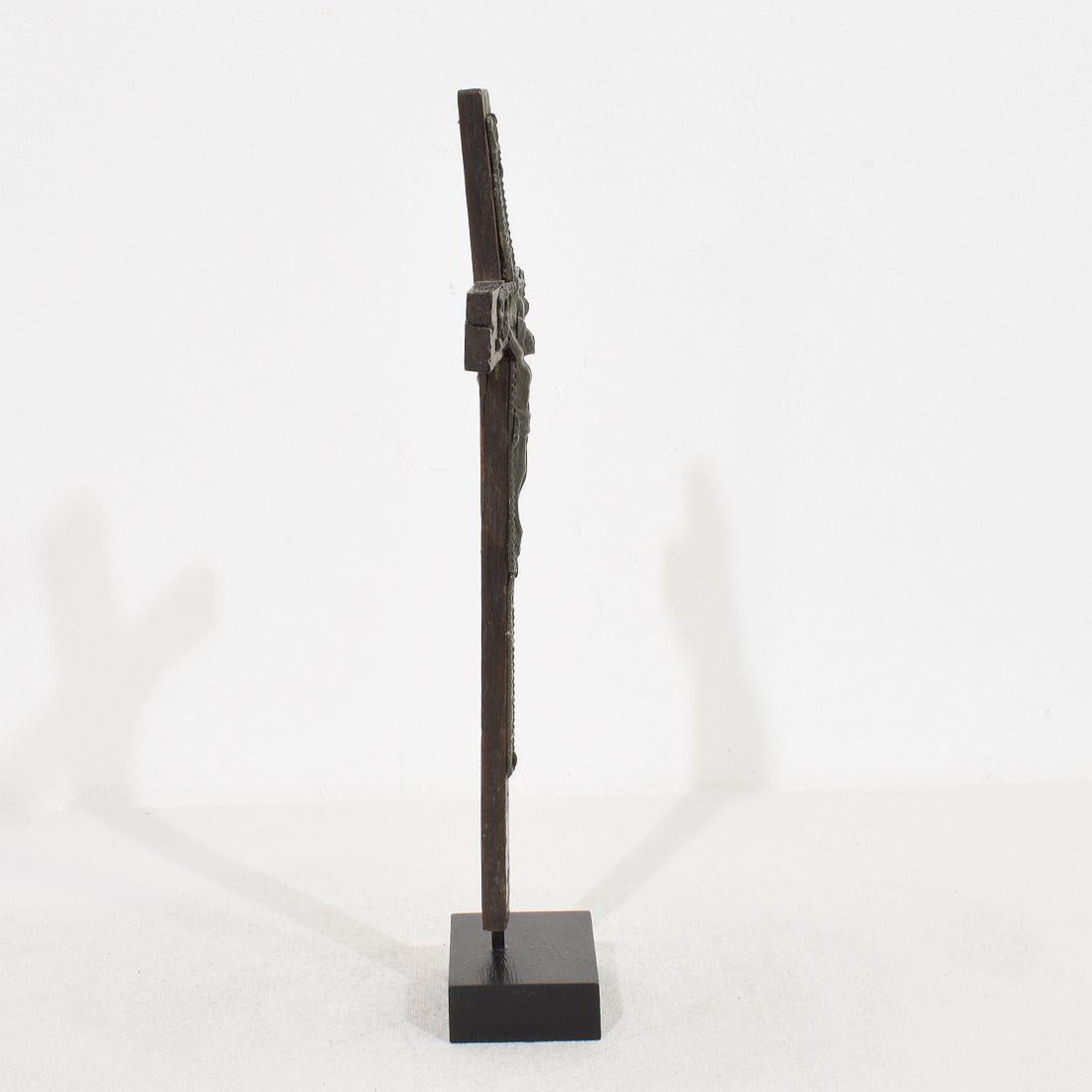 Hand-Crafted French 17th / 18th Century Small Pewter Christ Figure On A Wooden Cross