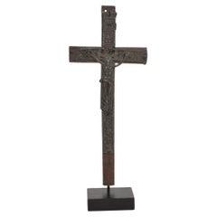 Antique French 17th / 18th Century Small Pewter Christ Figure On A Wooden Cross