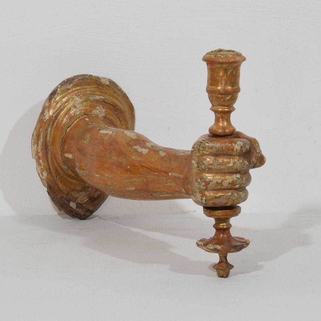 18th Century and Earlier French 17th century Baroque Carved Gildwood Arm Wall Sconce Candle Holder For Sale