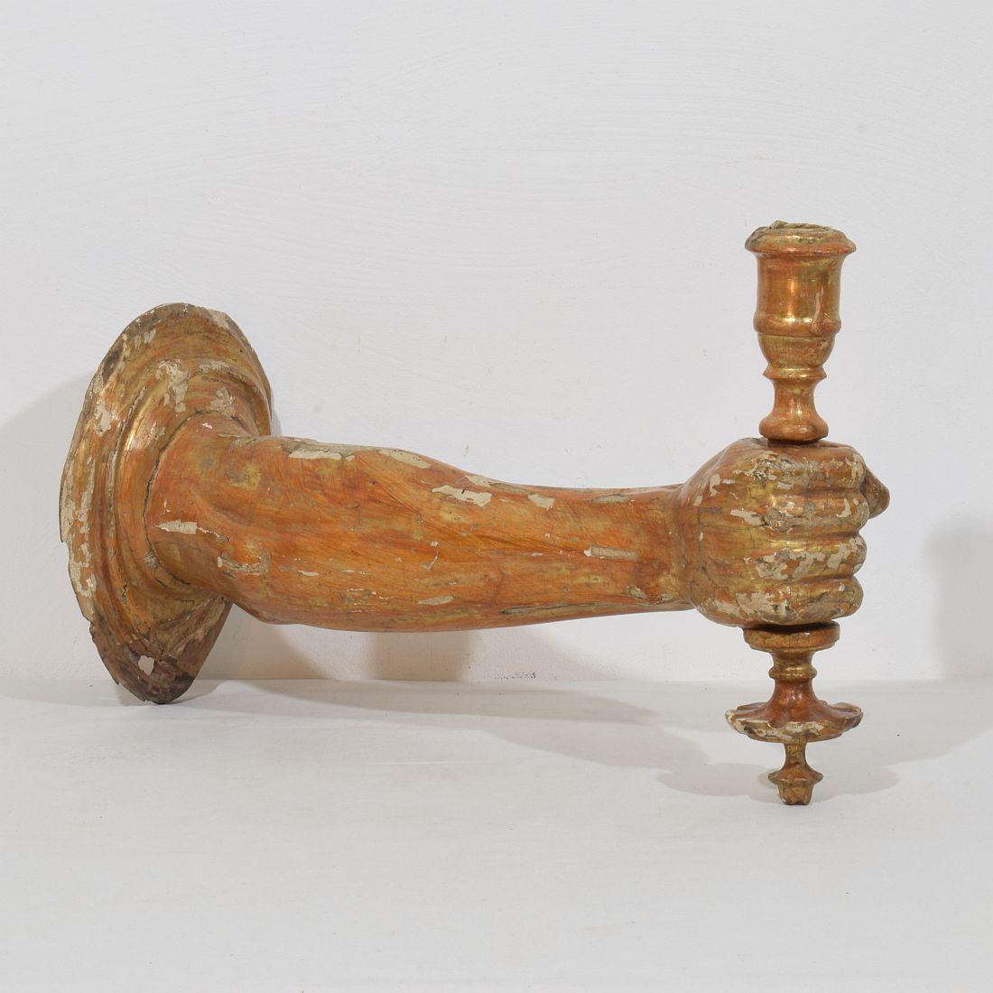 Wood French 17th century Baroque Carved Gildwood Arm Wall Sconce Candle Holder For Sale