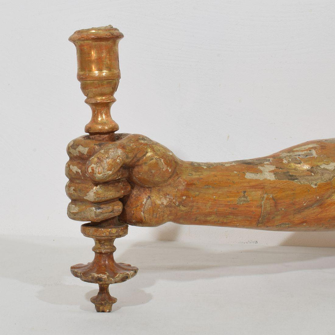 French 17th century Baroque Carved Gildwood Arm Wall Sconce Candle Holder For Sale 3