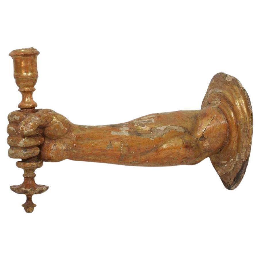 French 17th century Baroque Carved Gildwood Arm Wall Sconce Candle Holder For Sale