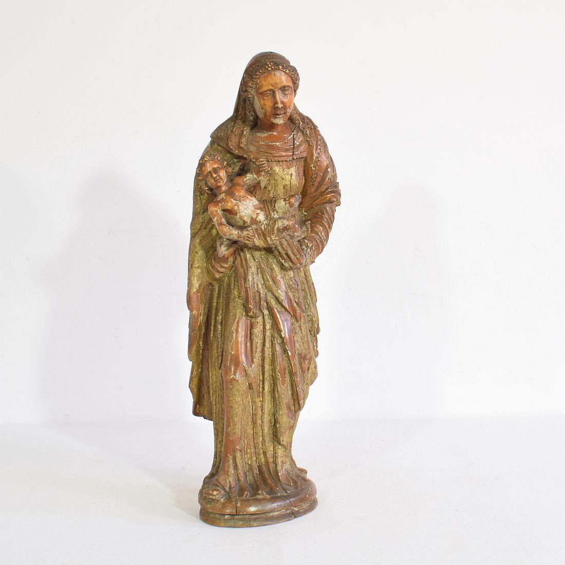 Hand-Carved French 17th Century Baroque Wooden Madonna with Child
