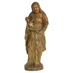 French 17th Century Baroque Wooden Madonna with Child