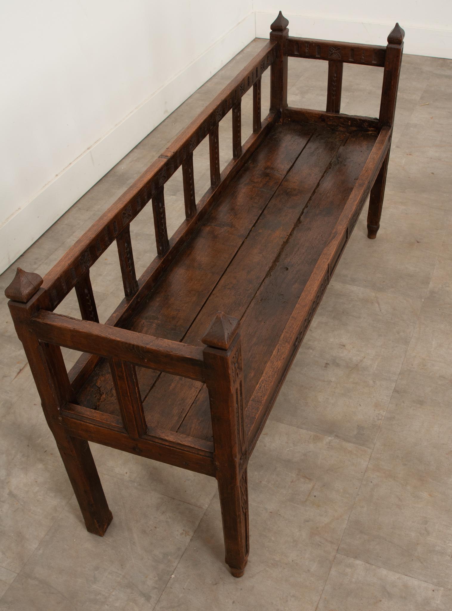 Hand-Carved French 17th Century Carved Oak Bench