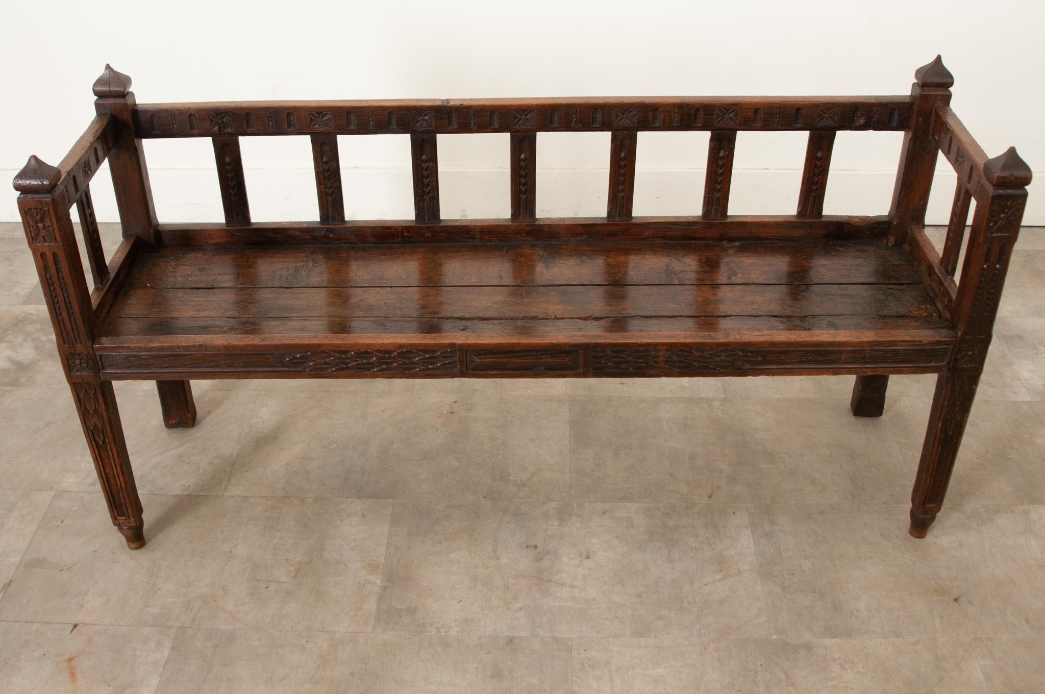 French 17th Century Carved Oak Bench 1