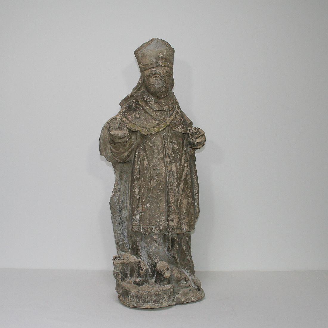Hand-Carved French, 17th Century Carved Stone Statue of Saint Nicholas