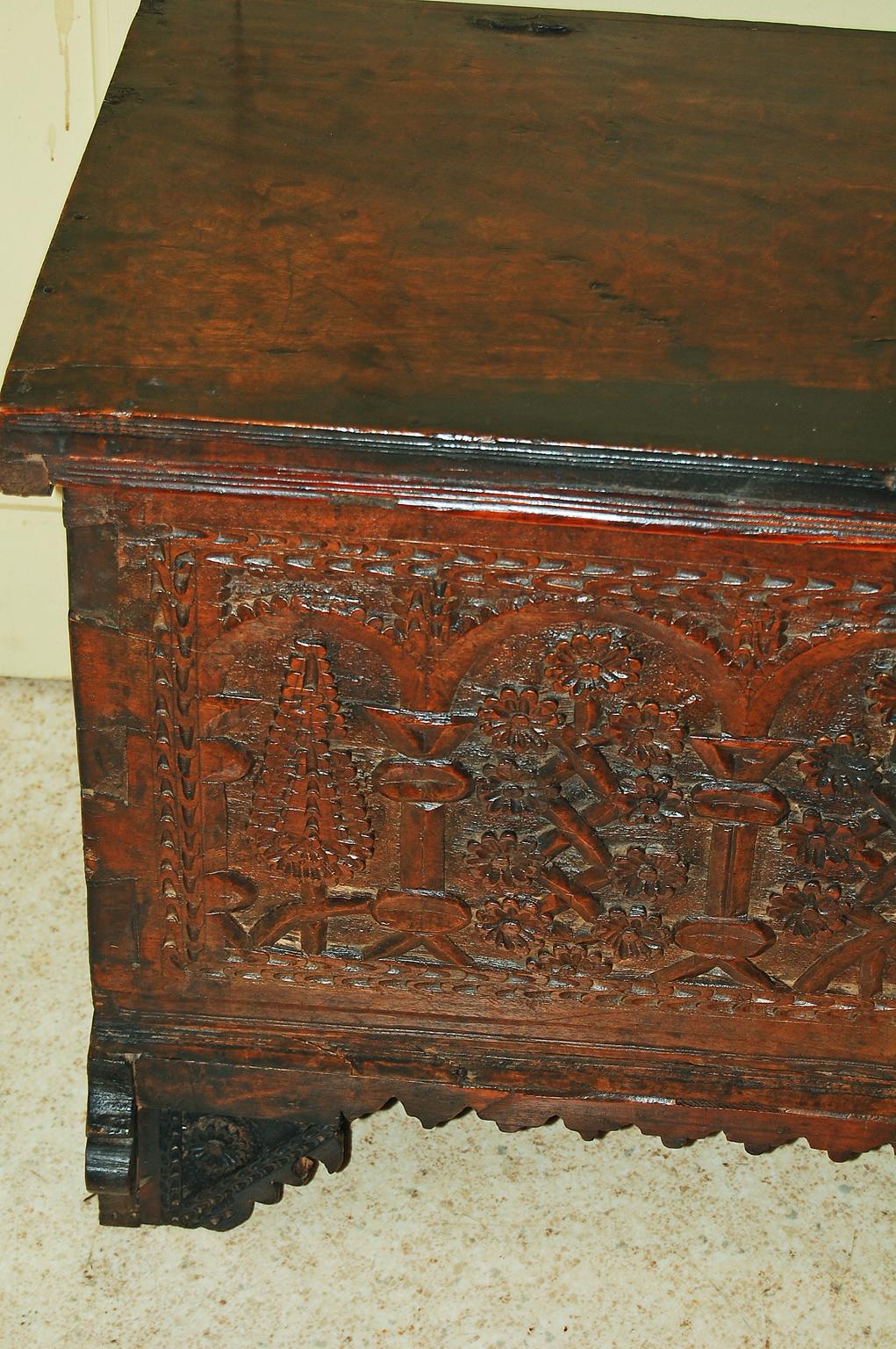 Baroque French 17th Century Carved Walnut Coffer with Arches, Trees and Flower Motifs For Sale