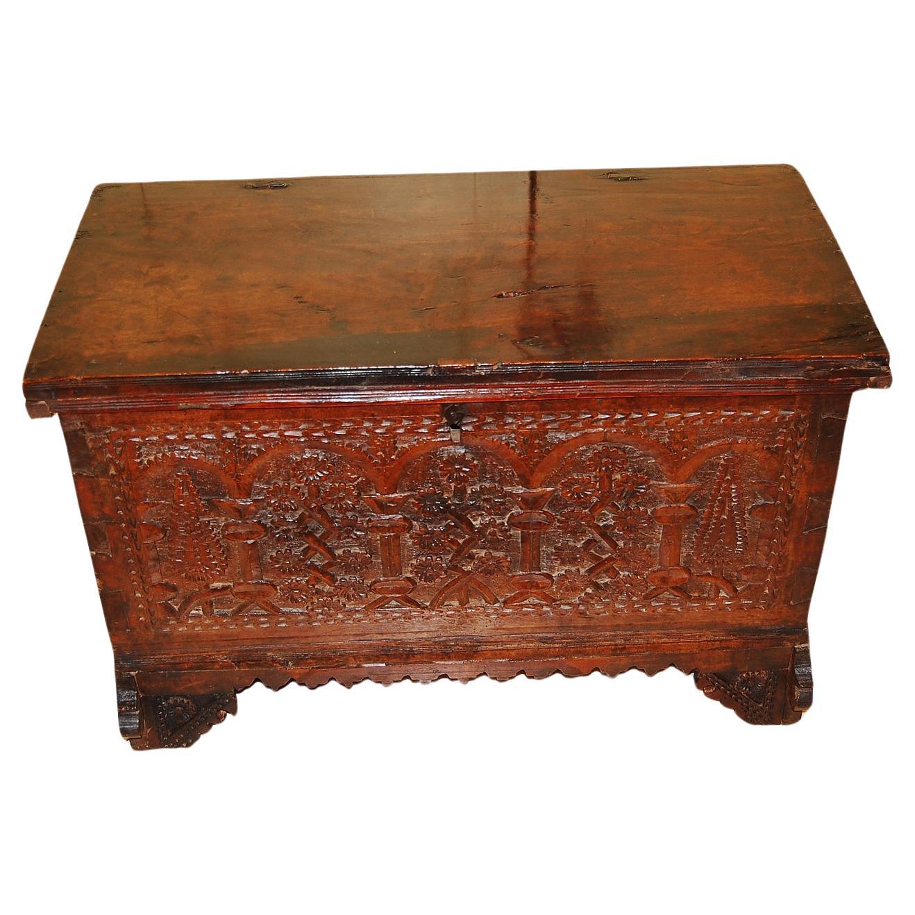 French 17th Century Carved Walnut Coffer with Arches, Trees and Flower Motifs For Sale