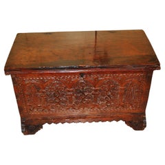 French 17th Century Carved Walnut Coffer with Arches, Trees and Flower Motifs