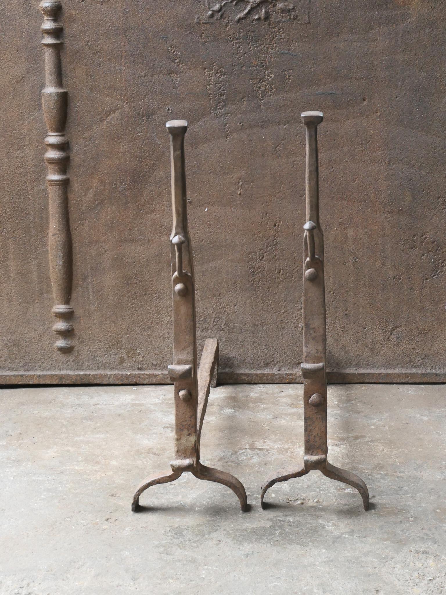Forged French 17th Century Gothic Period Andirons or Firedogs For Sale
