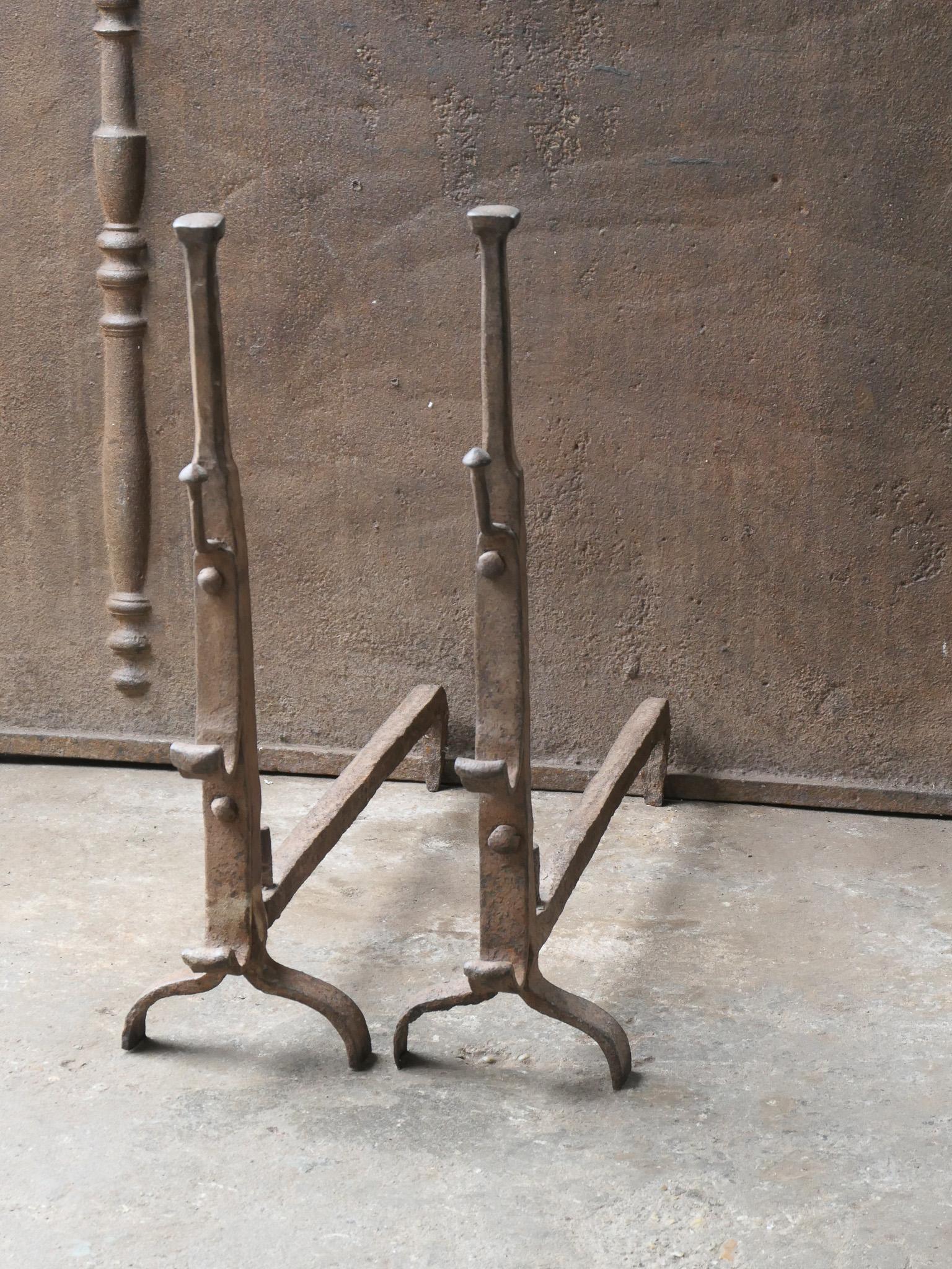 Wrought Iron French 17th Century Gothic Period Andirons or Firedogs For Sale