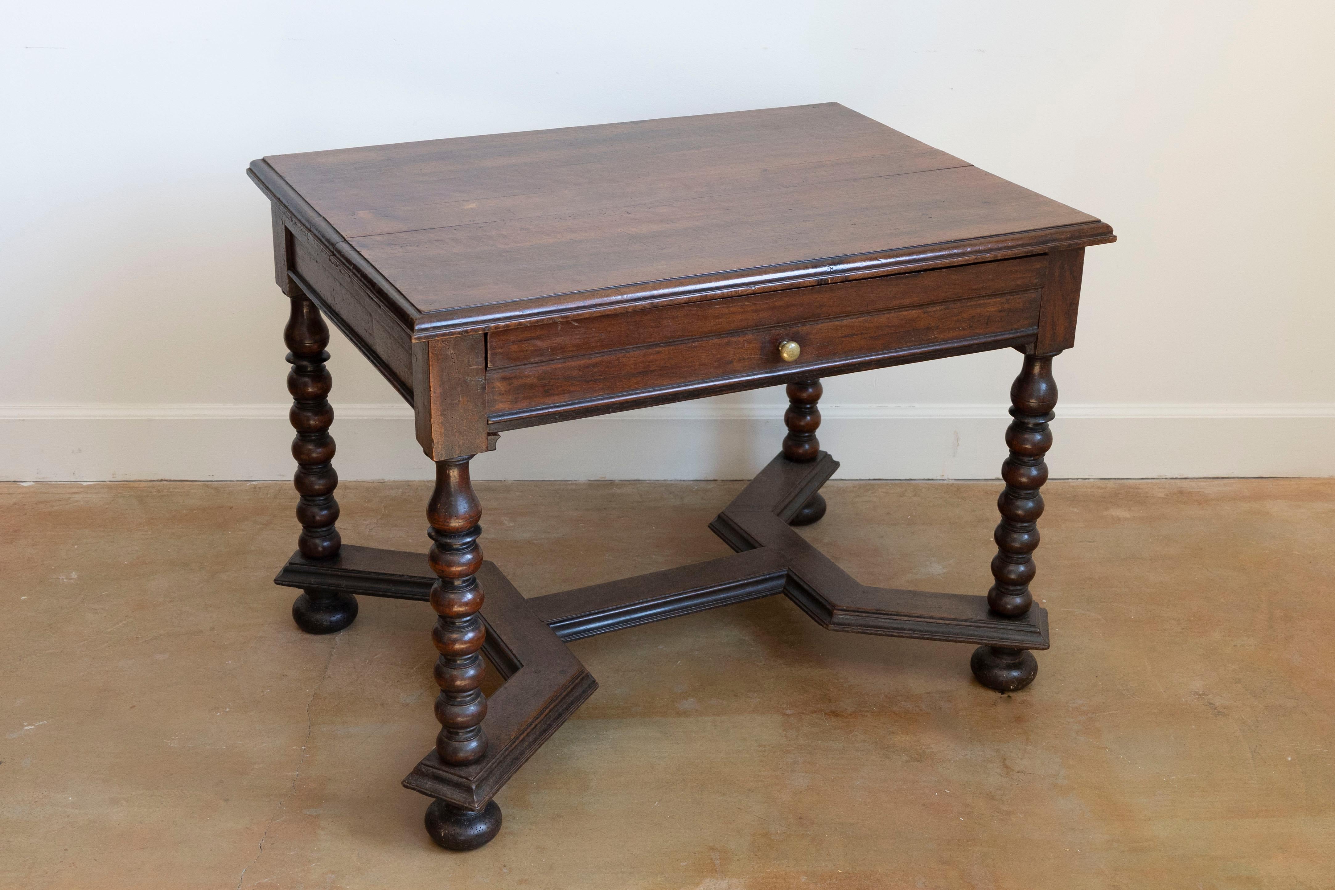 Turned French 17th Century Louis XIII Walnut Side Table with Bobbin Legs and Stretcher