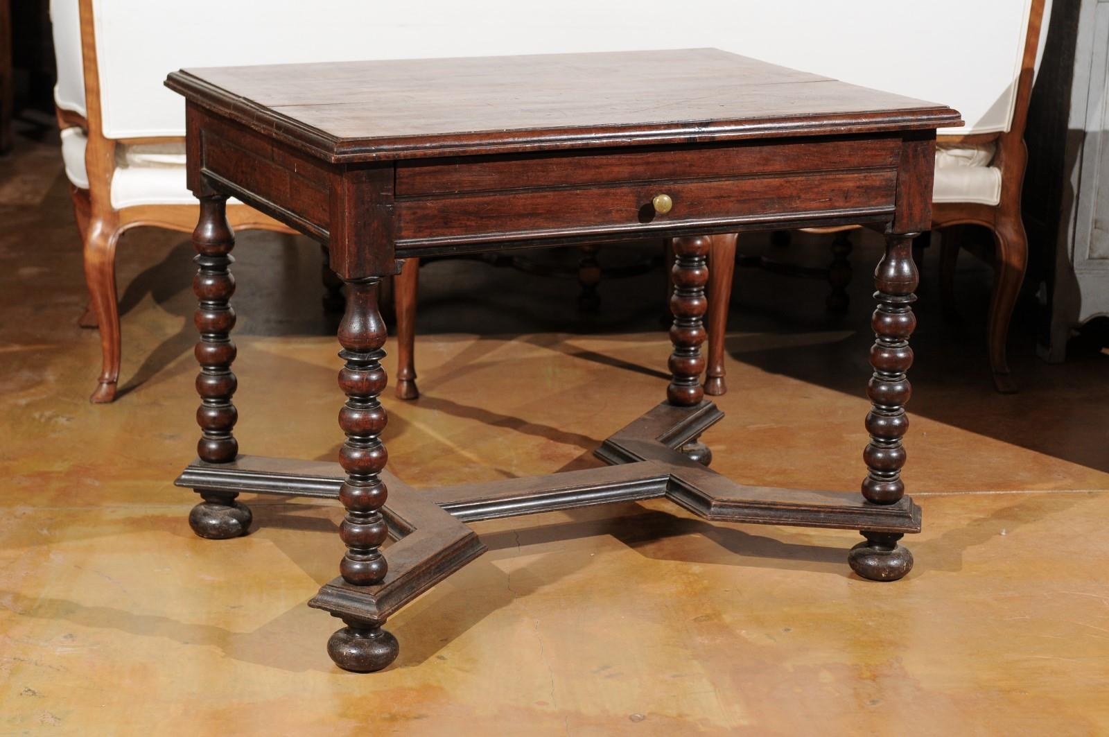 Turned French 17th Century Louis XIII Walnut Side Table with Bobbin Legs and Stretcher For Sale