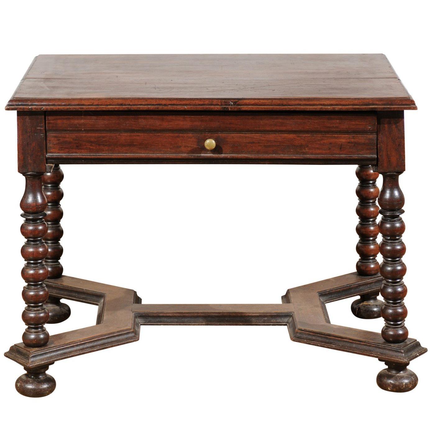 French 17th Century Louis XIII Walnut Side Table with Bobbin Legs and Stretcher For Sale