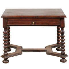French 17th Century Louis XIII Walnut Side Table with Bobbin Legs and Stretcher