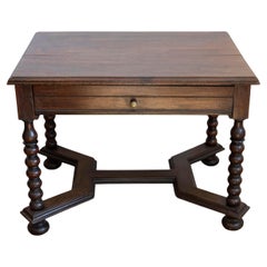 French 17th Century Louis XIII Walnut Side Table with Bobbin Legs and Stretcher