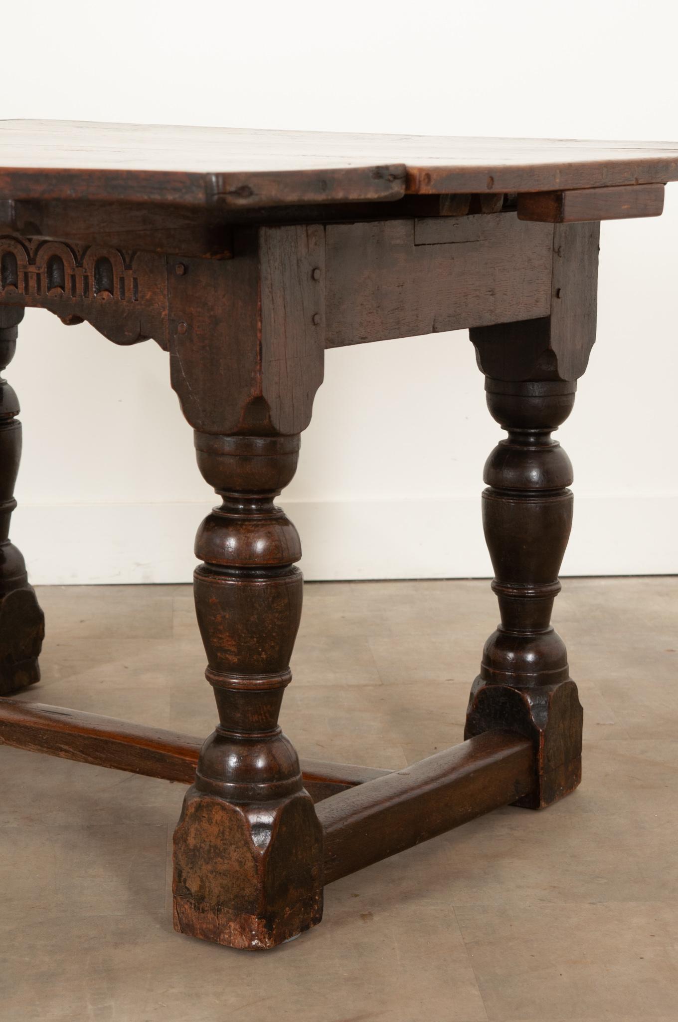 Hand-Carved French 17th Century Solid Oak Extending Dining Table For Sale