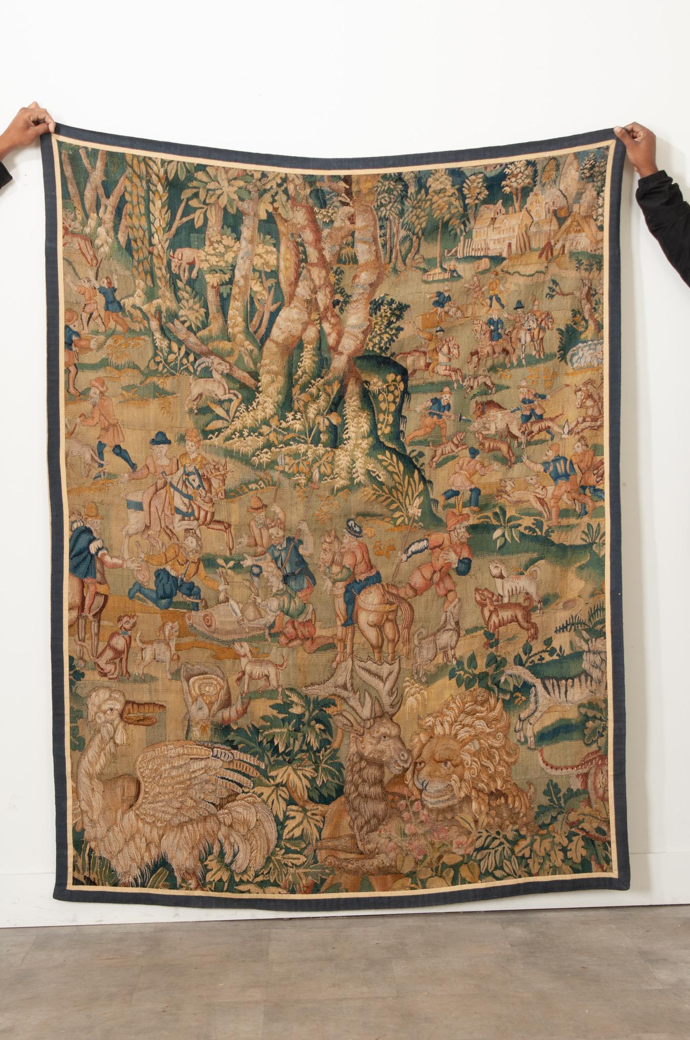 A 18th Century, or earlier, tapestry is vibrant and in wonderful antique condition. Tapestries were first created in the middle ages to hold in warm in otherwise cold stone buildings, over the years they have become practical traveling pieces of art
