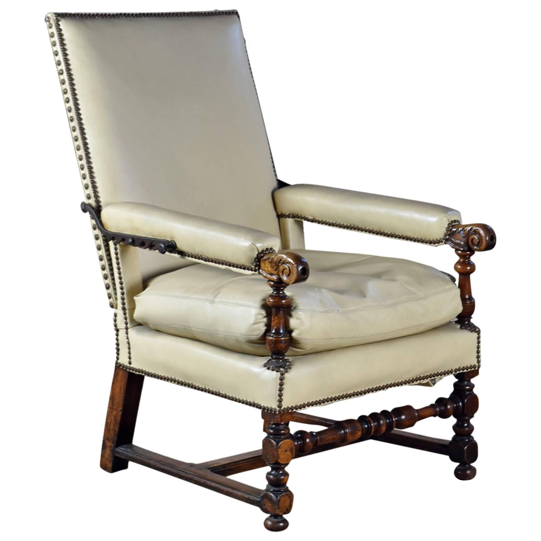 French 17th Century Walnut and Leather Covered Reclining or Ratchet Chair For Sale