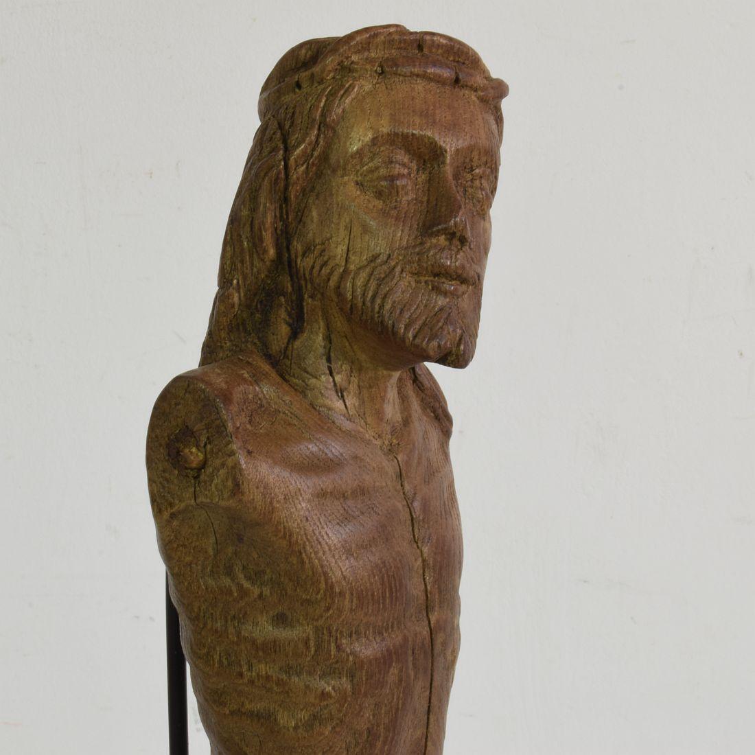 Français 17ème siècle  Fragment de Christ en chêne sculpté et patiné par les intempéries en vente 6
