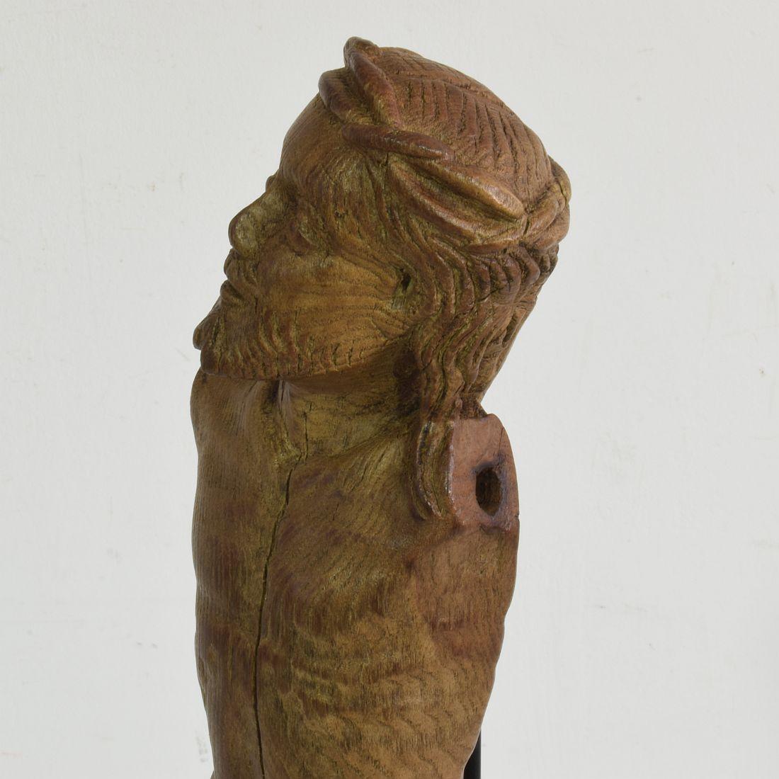 Français 17ème siècle  Fragment de Christ en chêne sculpté et patiné par les intempéries en vente 7