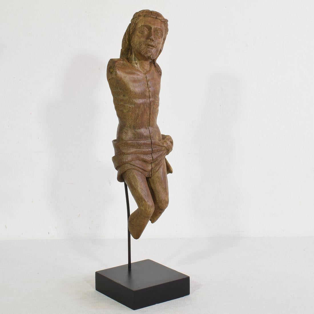 Hand-Carved French 17th Century  Weathered Carved Oak Christ Fragment For Sale