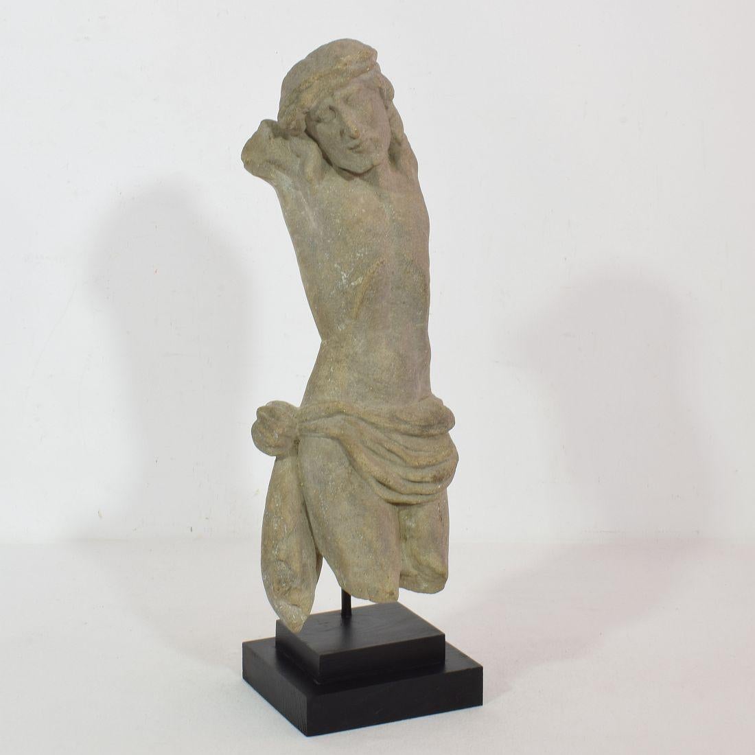 Hand-Carved French 17th Century Weathered Carved Sandstone Christ Fragment For Sale