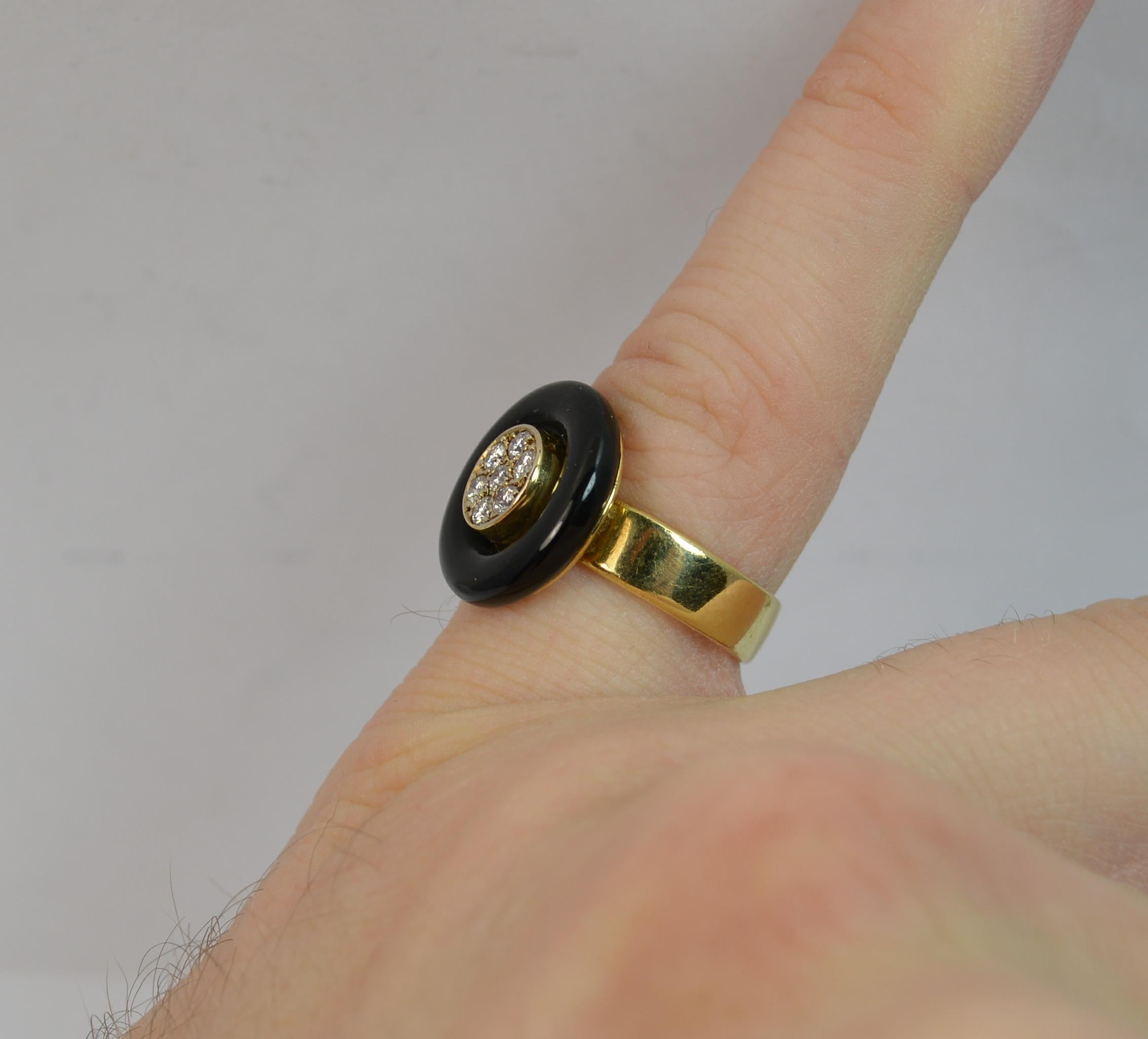 Round Cut French 18 Carat Gold Onyx and VS Diamond Halo Disc Ring