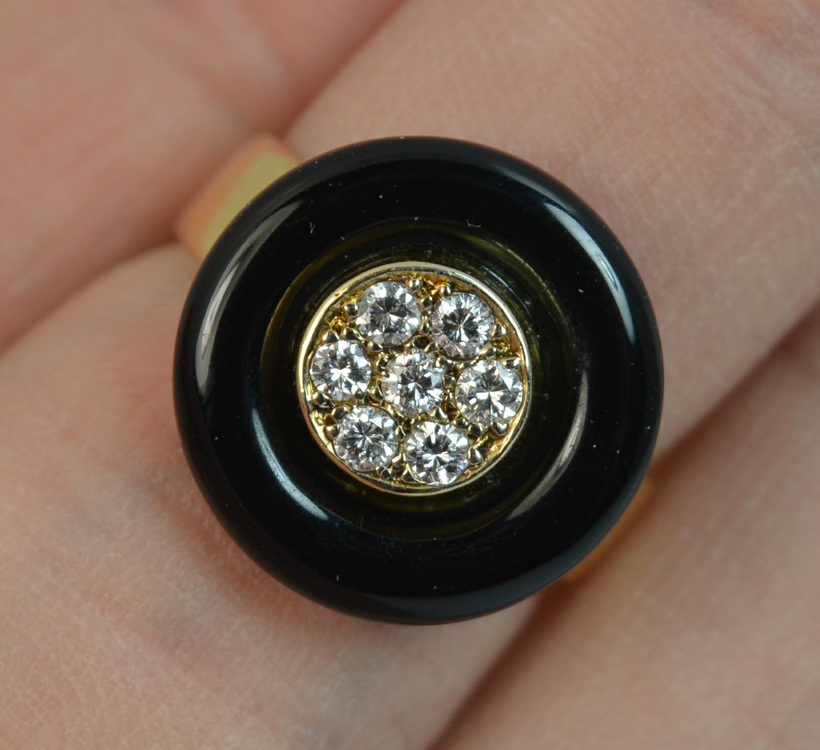 French 18 Carat Gold Onyx and VS Diamond Halo Disc Ring In Excellent Condition In St Helens, GB