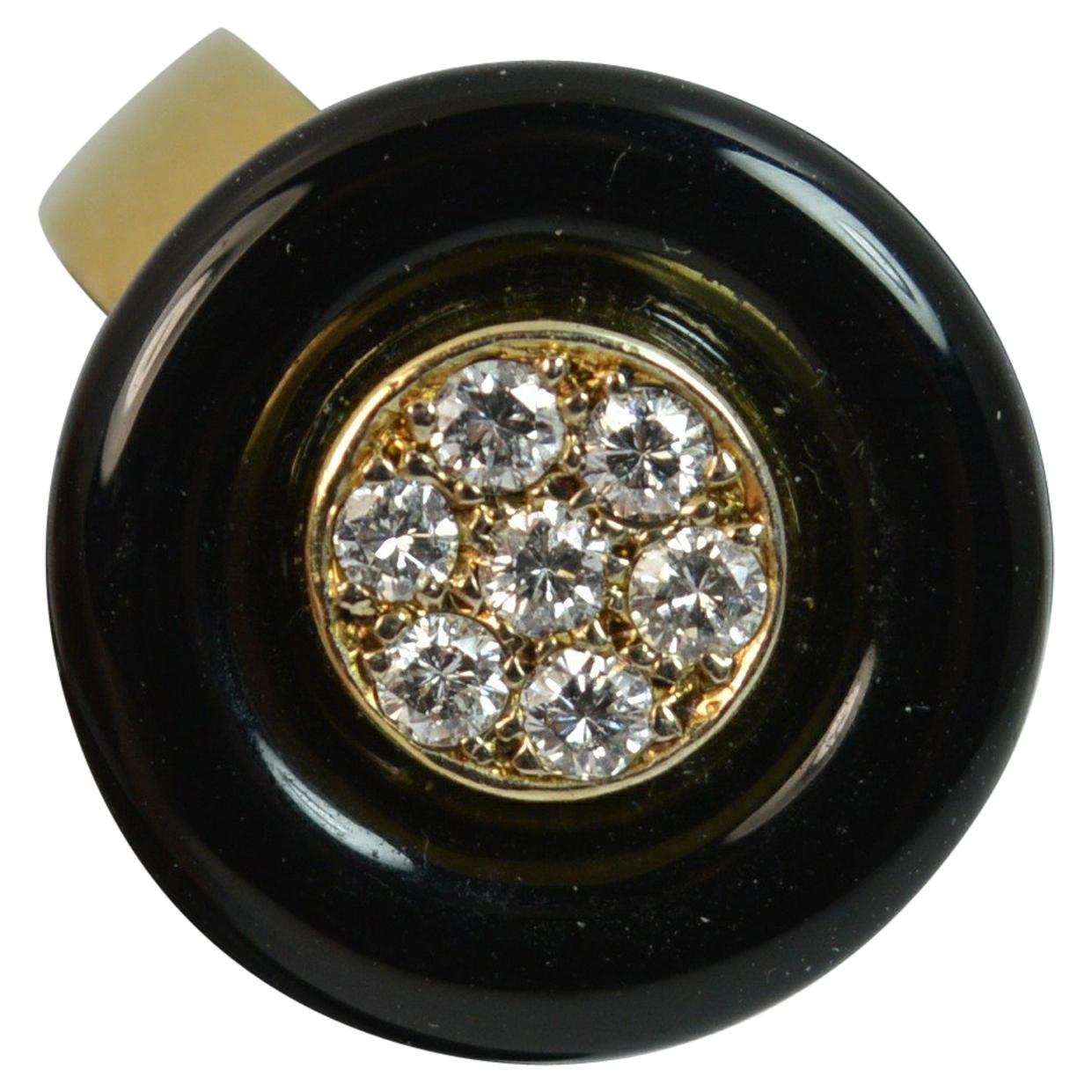 French 18 Carat Gold Onyx and VS Diamond Halo Disc Ring