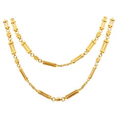 French 18 Carat Yellow Gold Double Round Bar Link Long Chain Necklace