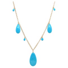 French 18 Carat Yellow Gold Turquoises Drops Necklace