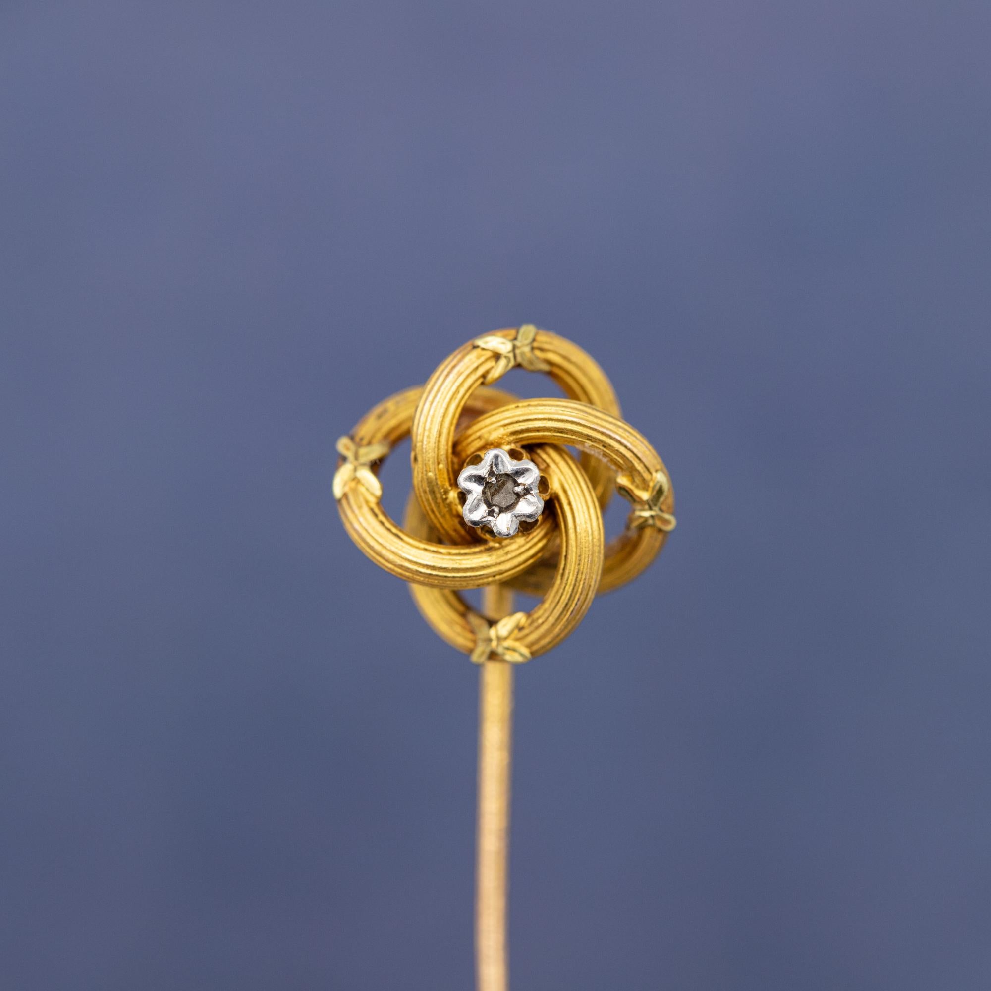 French 18 k yellow gold stick pin - Lovers knot - Antique Victorian brooch 6