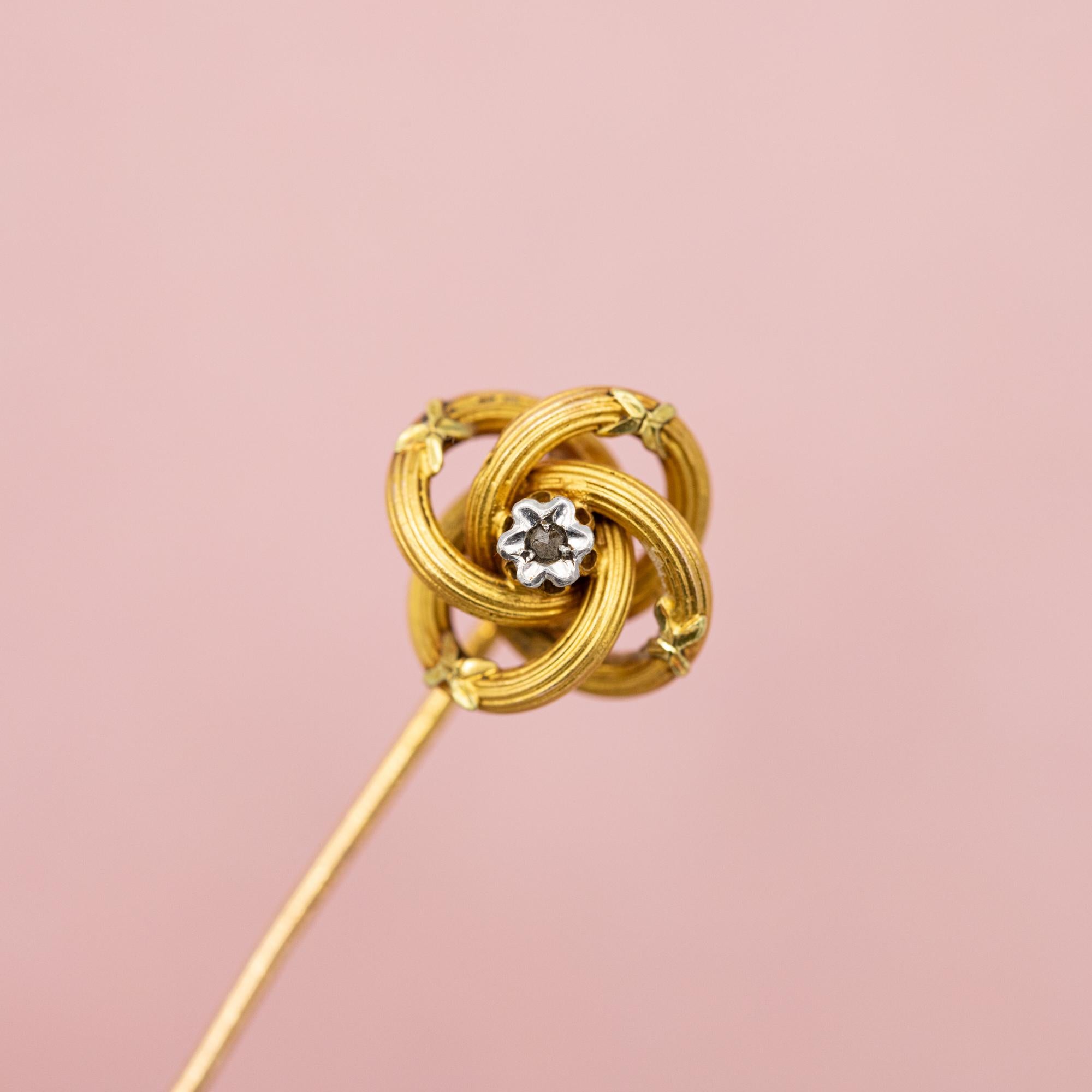 French 18 k yellow gold stick pin - Lovers knot - Antique Victorian brooch 2