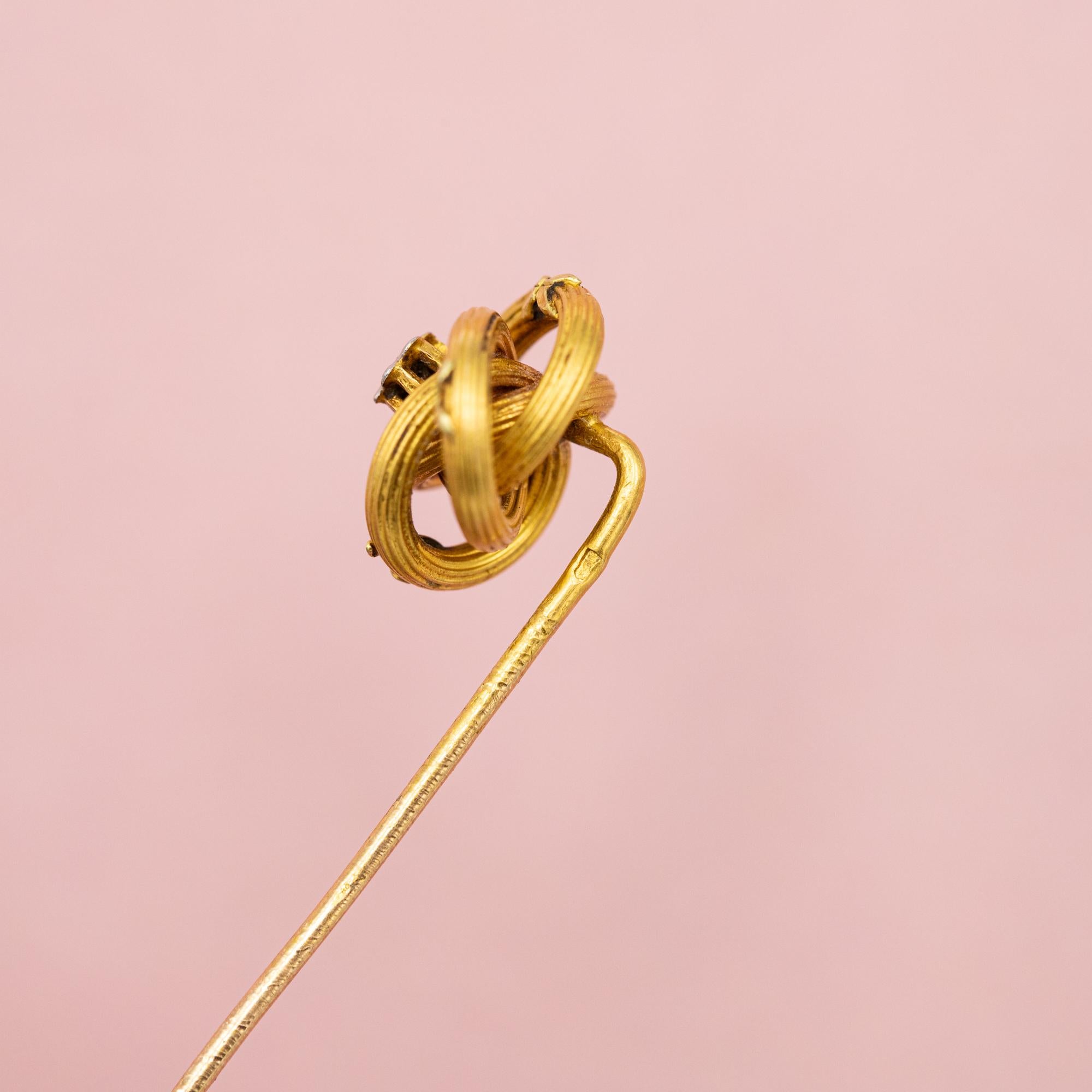 French 18 k yellow gold stick pin - Lovers knot - Antique Victorian brooch 3