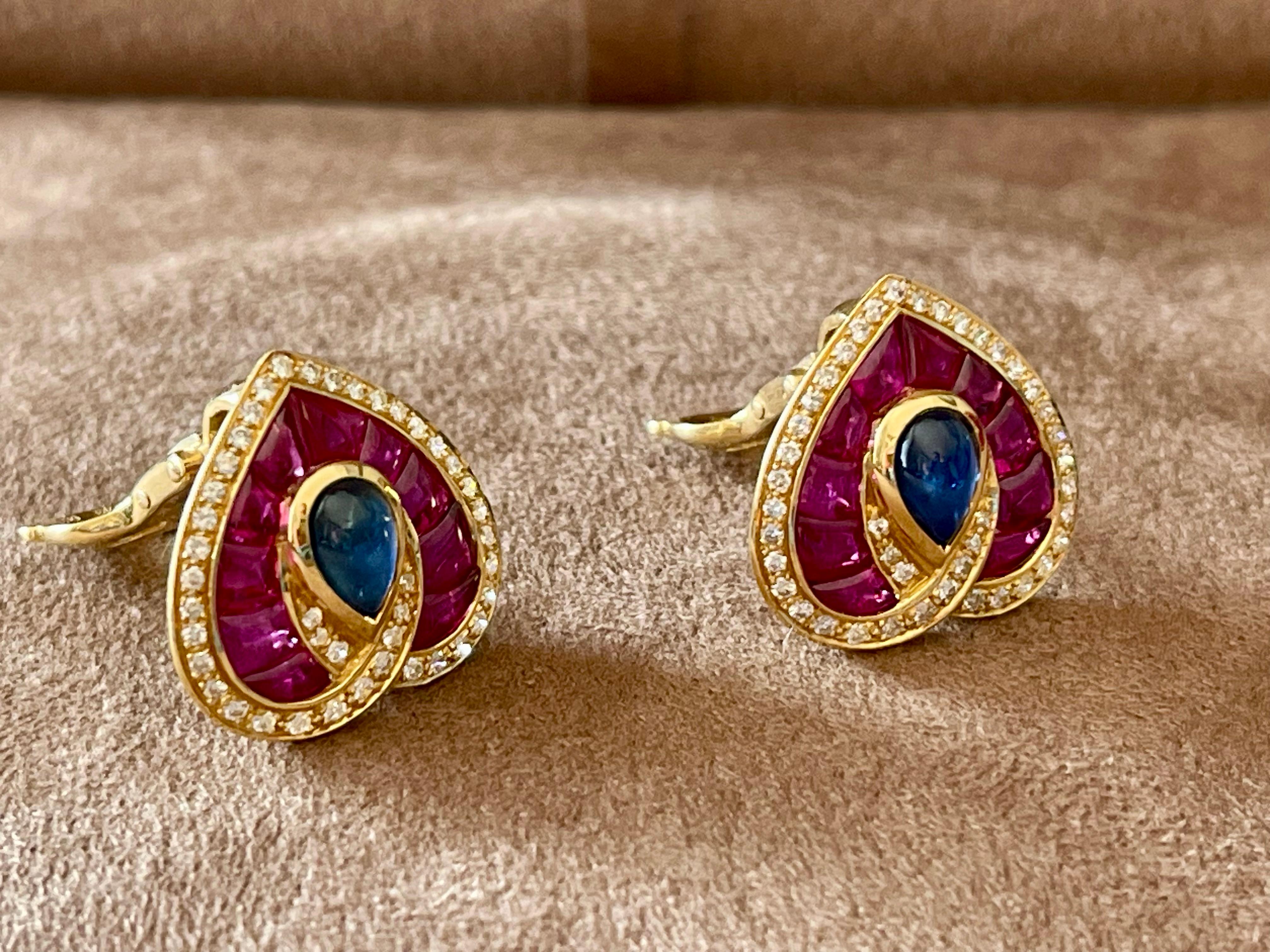 French 18 K yellow Gold Vintage Heart earclips Sapphire Ruby Diamonds For Sale 4