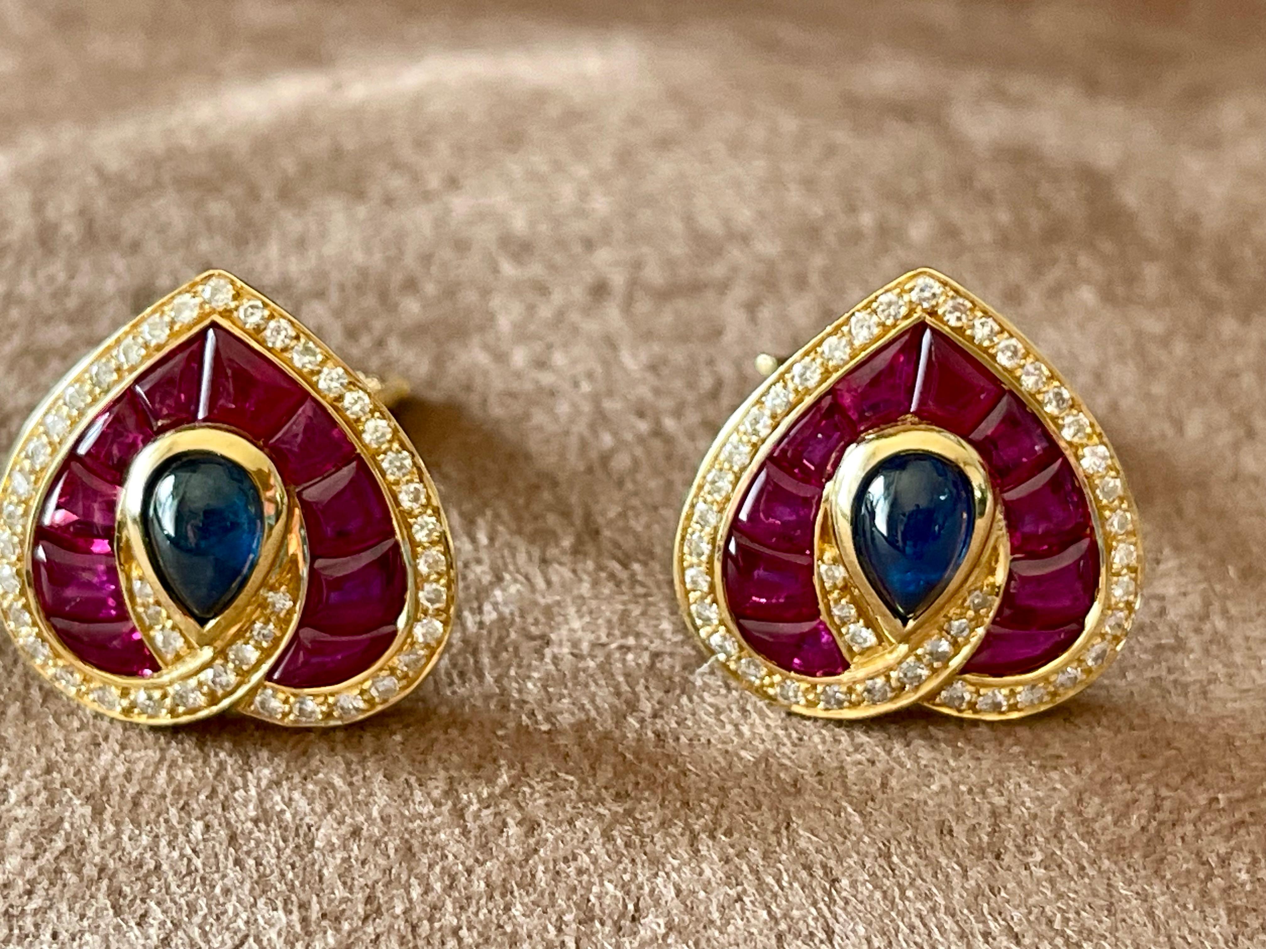 French 18 K yellow Gold Vintage Heart earclips Sapphire Ruby Diamonds For Sale 5