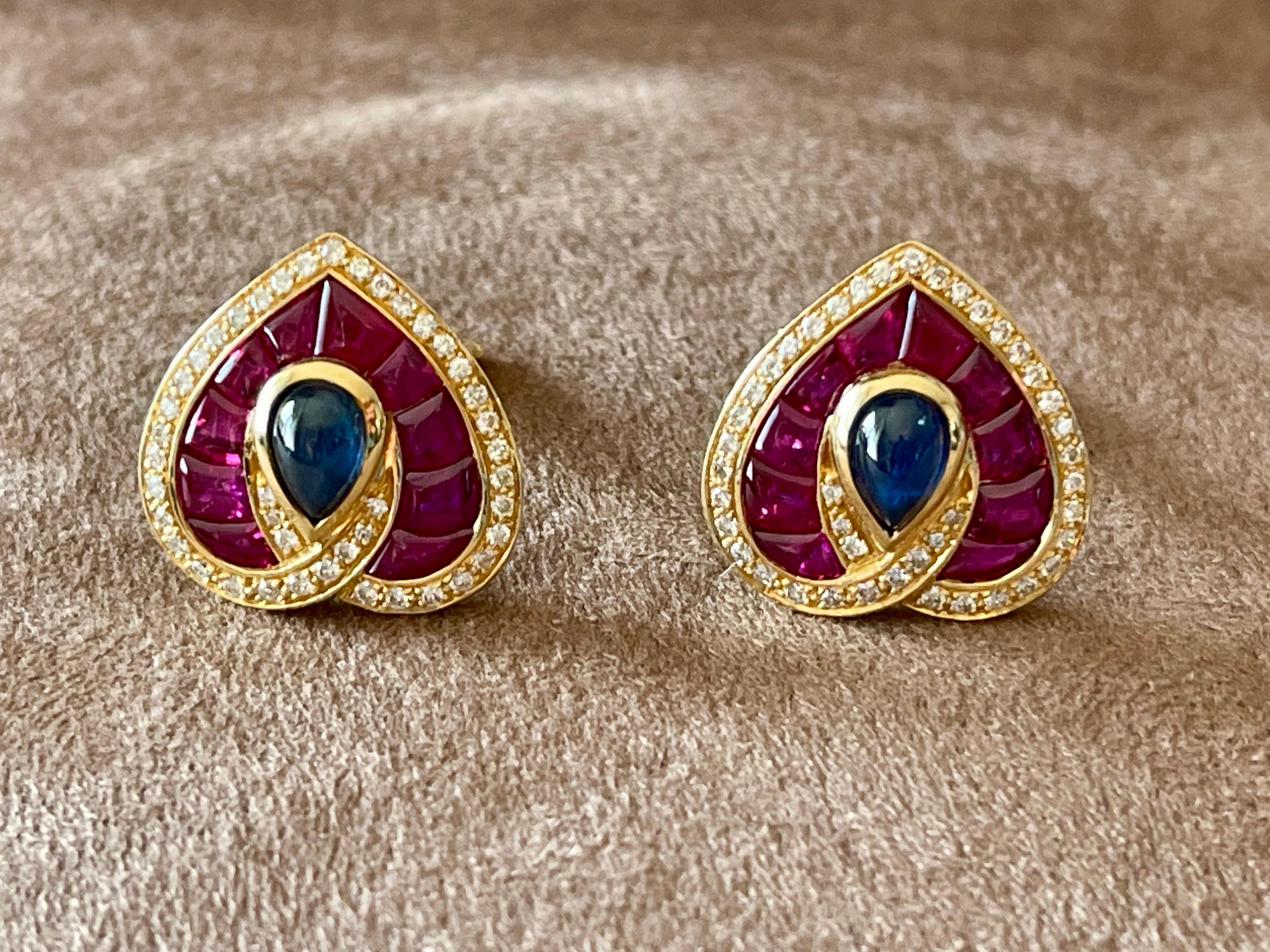 French 18 K yellow Gold Vintage Heart earclips Sapphire Ruby Diamonds For Sale 6