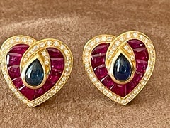 French 18 K yellow Gold Vintage Heart earclips Sapphire Ruby Diamonds