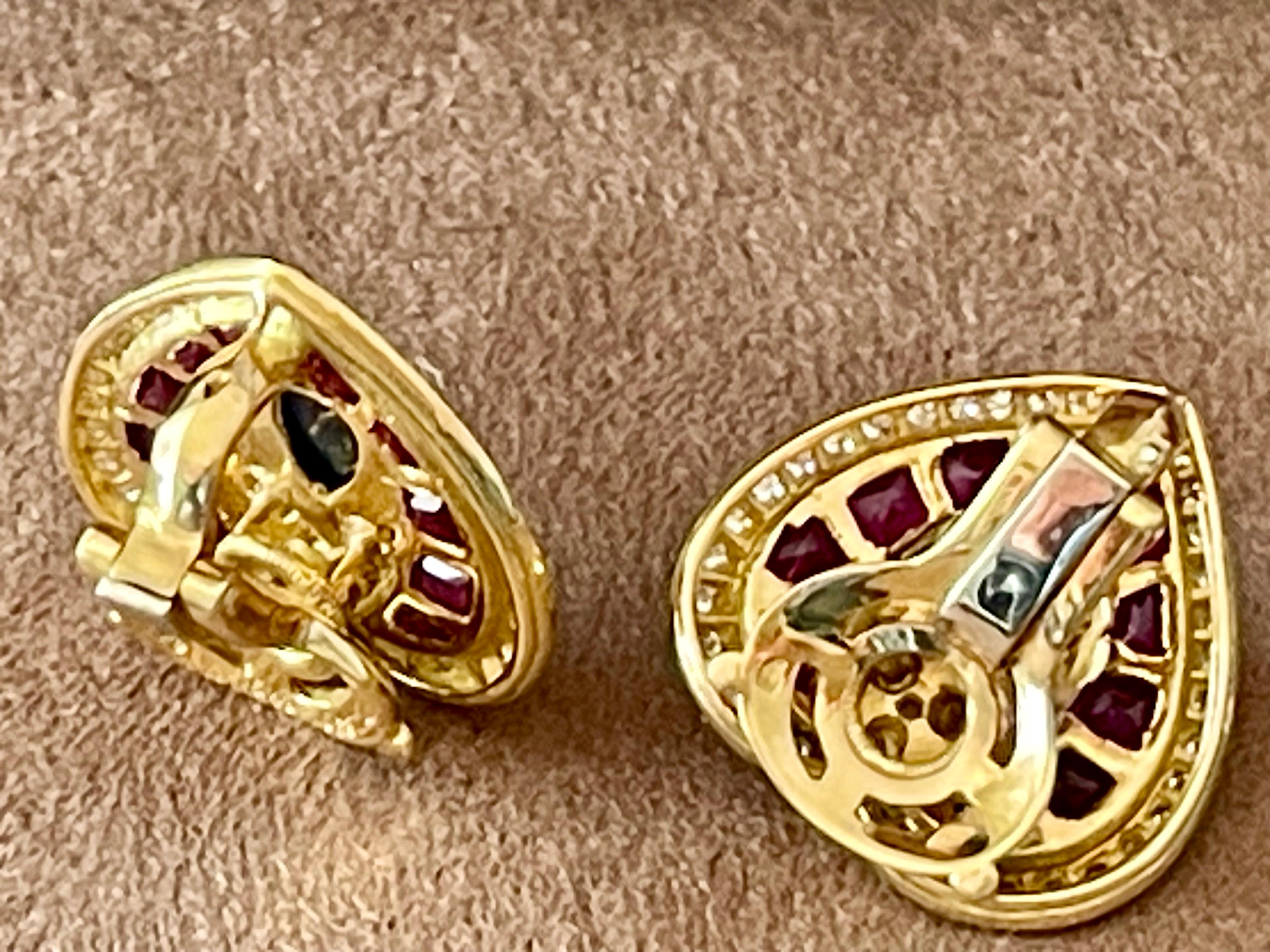 Contemporary French 18 K yellow Gold Vintage Heart earclips Sapphire Ruby Diamonds For Sale