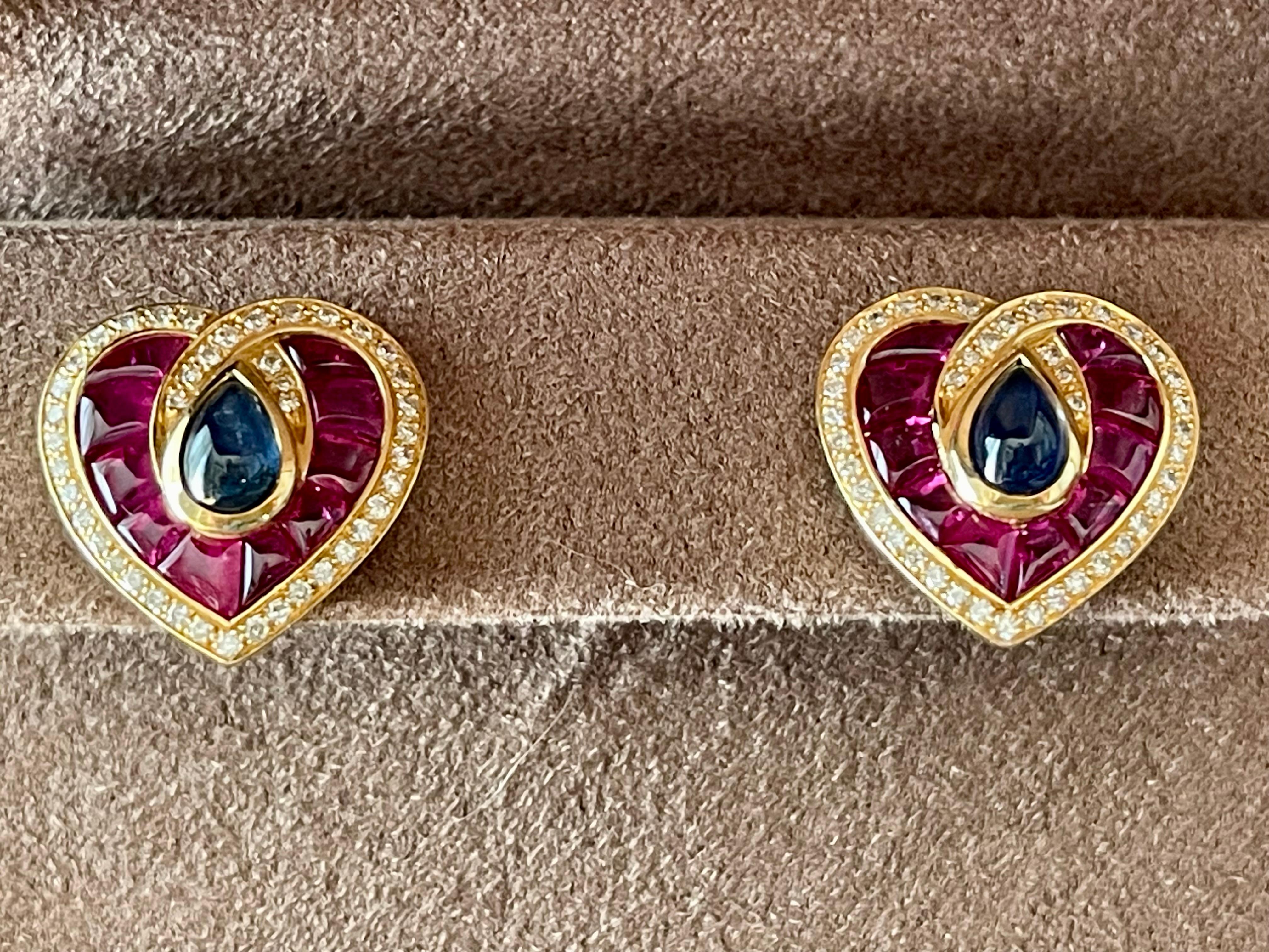 French 18 K yellow Gold Vintage Heart earclips Sapphire Ruby Diamonds In Good Condition For Sale In Zurich, Zollstrasse