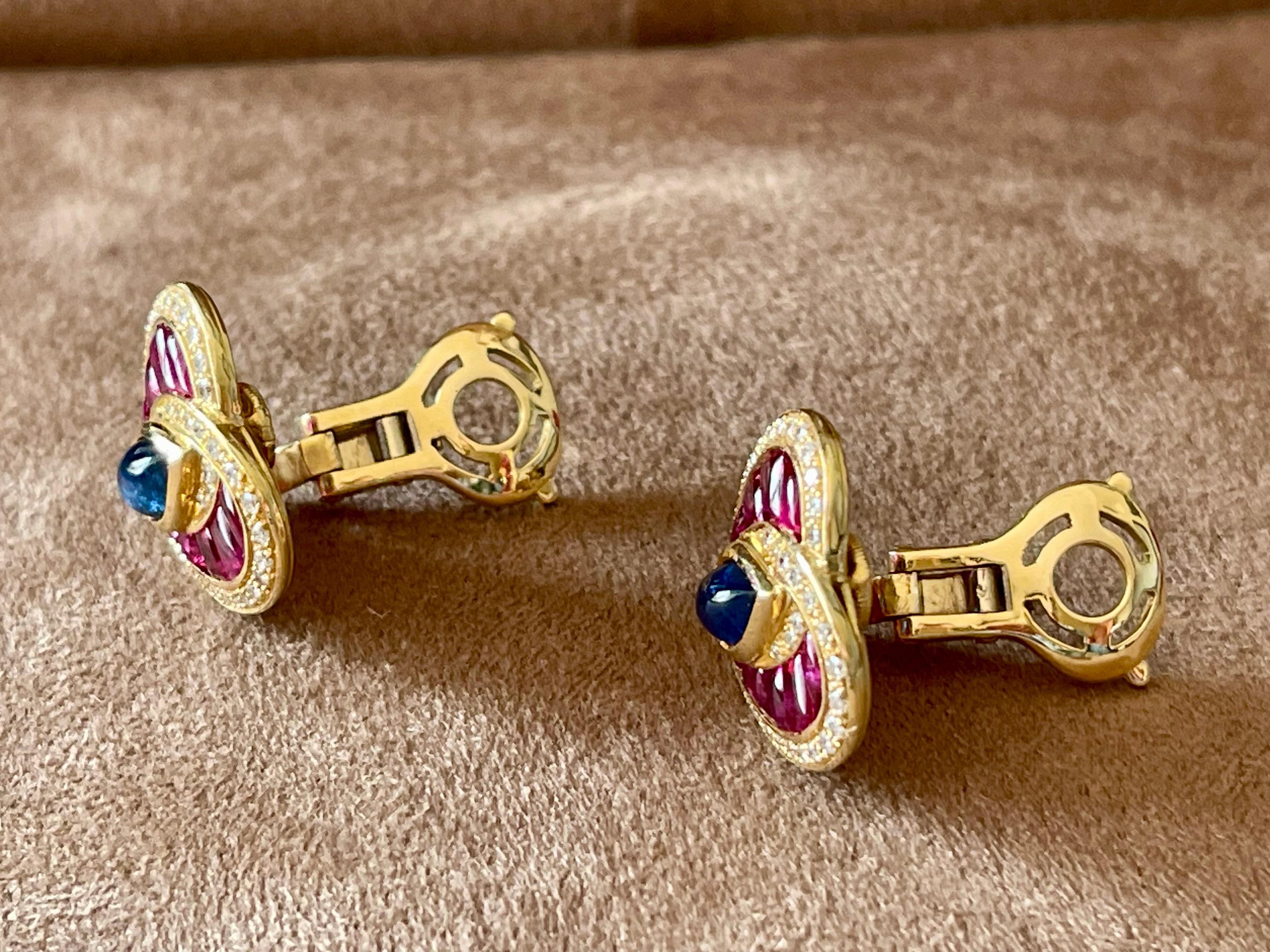 French 18 K yellow Gold Vintage Heart earclips Sapphire Ruby Diamonds For Sale 1