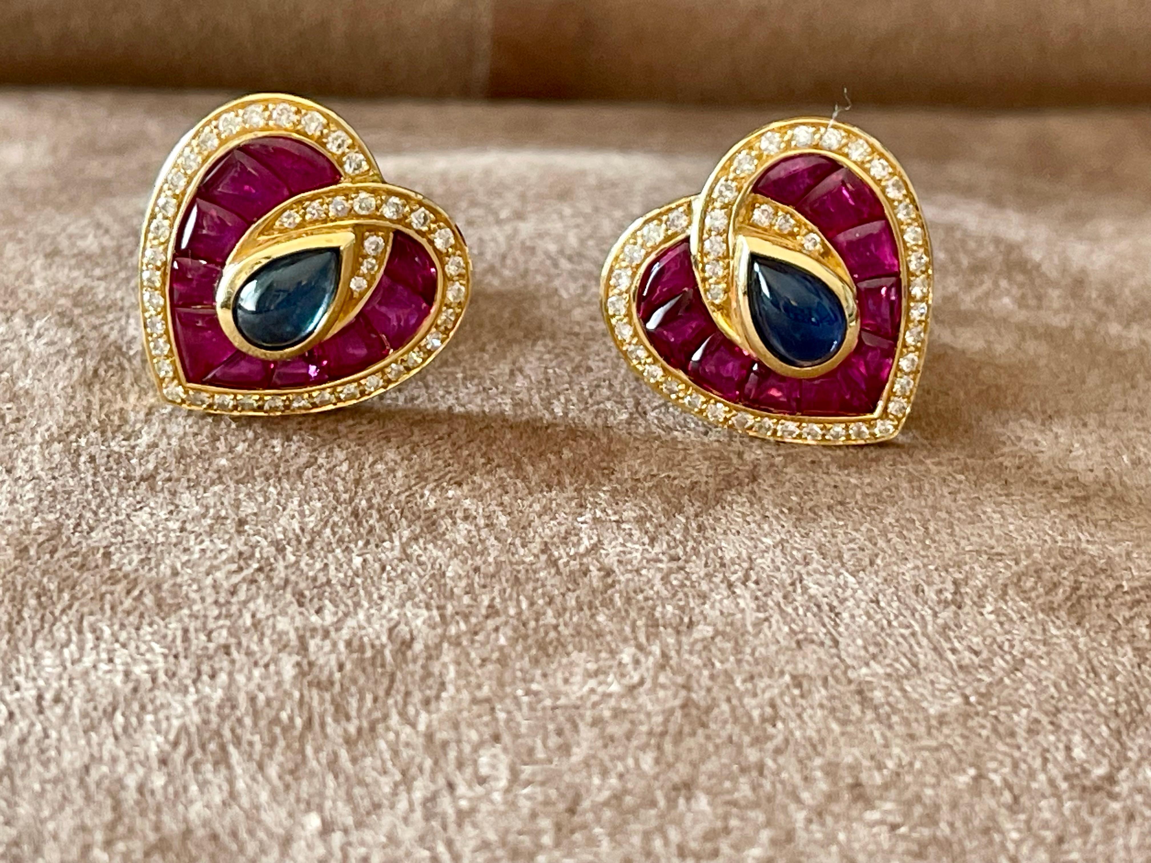 French 18 K yellow Gold Vintage Heart earclips Sapphire Ruby Diamonds For Sale 2