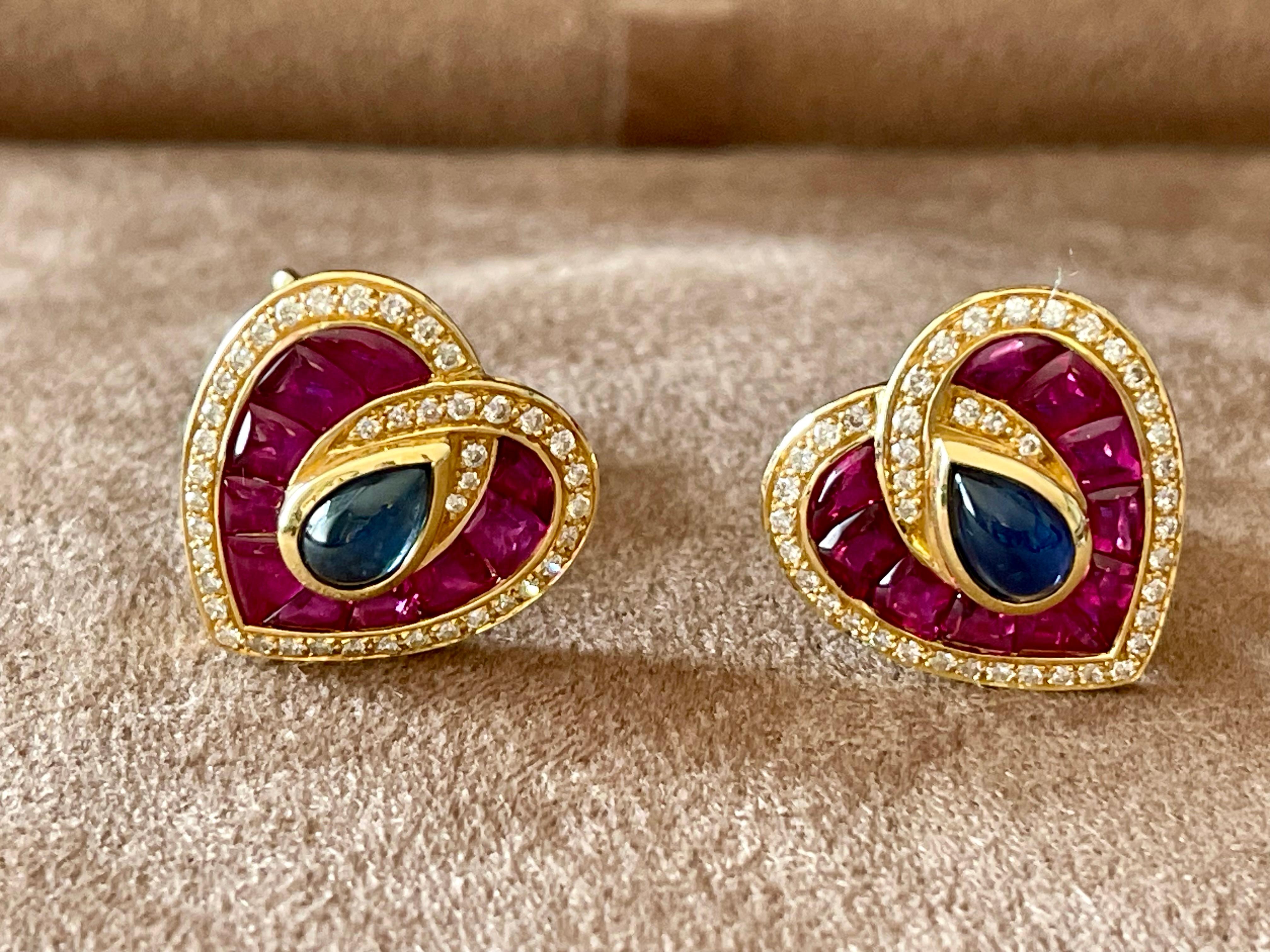 French 18 K yellow Gold Vintage Heart earclips Sapphire Ruby Diamonds For Sale 3